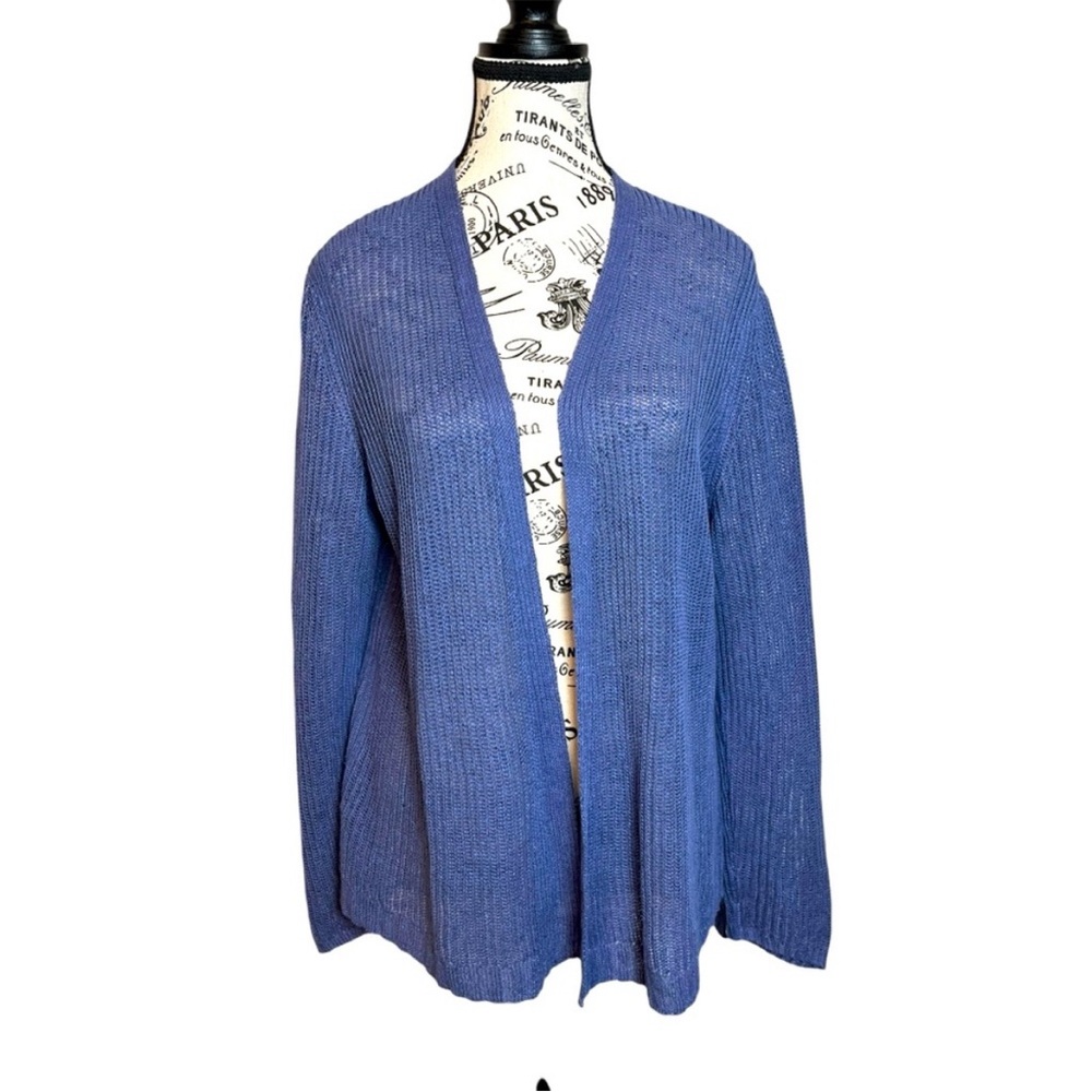 Eileen Fisher Organic Linen  Open Knit Boho Lagenlook Slate Blue Cardigan Large